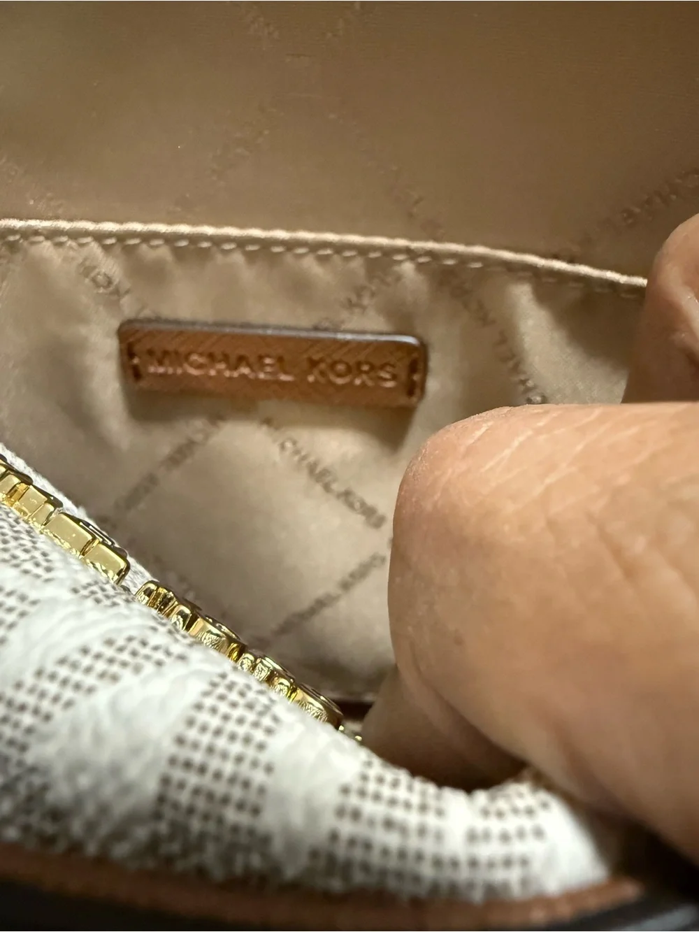 Michael Kors Beige Signature Dome Crossbody with Gold Hardware
